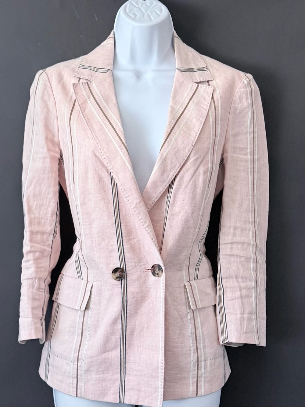 Faconnable Pink Striped Linen-Blend Double-Breasted Blazer